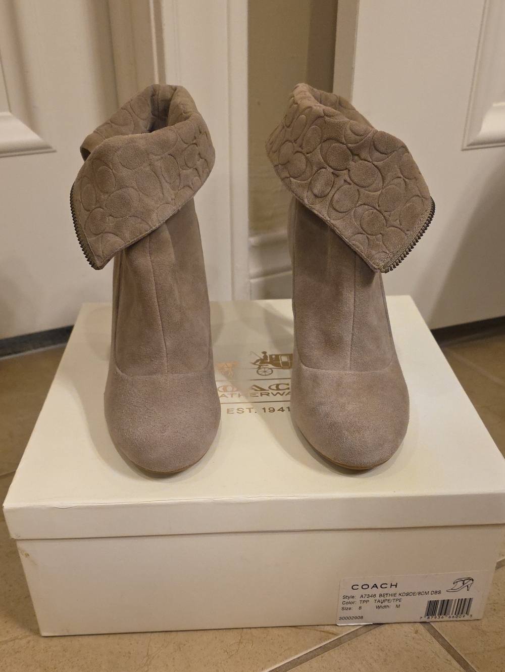Coach Taupe Suede Fold-Over Cuff Ankle Booties